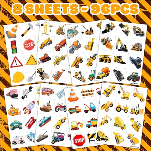 Construction Themed Temporary Tattoos for Kids 96PCS