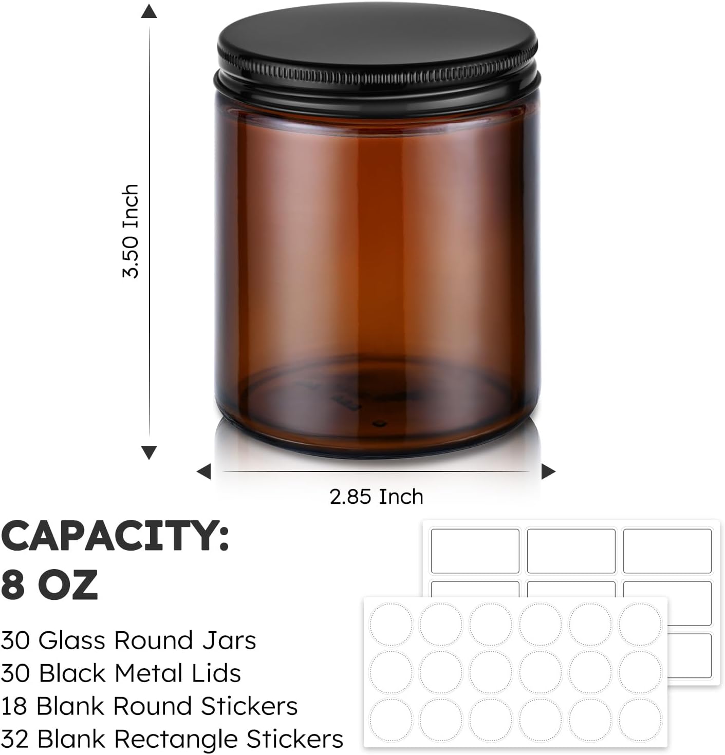 8oz Amber Glass Jars with Lids 30 Pcs