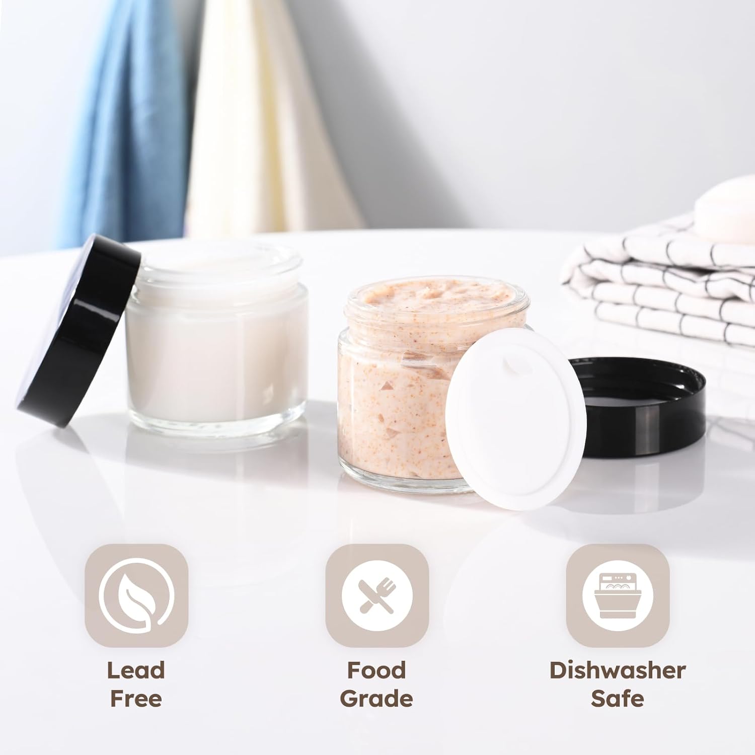 2 oz Glass Jars with Lids 6 Pack Clear Cosmetic Travel Containers