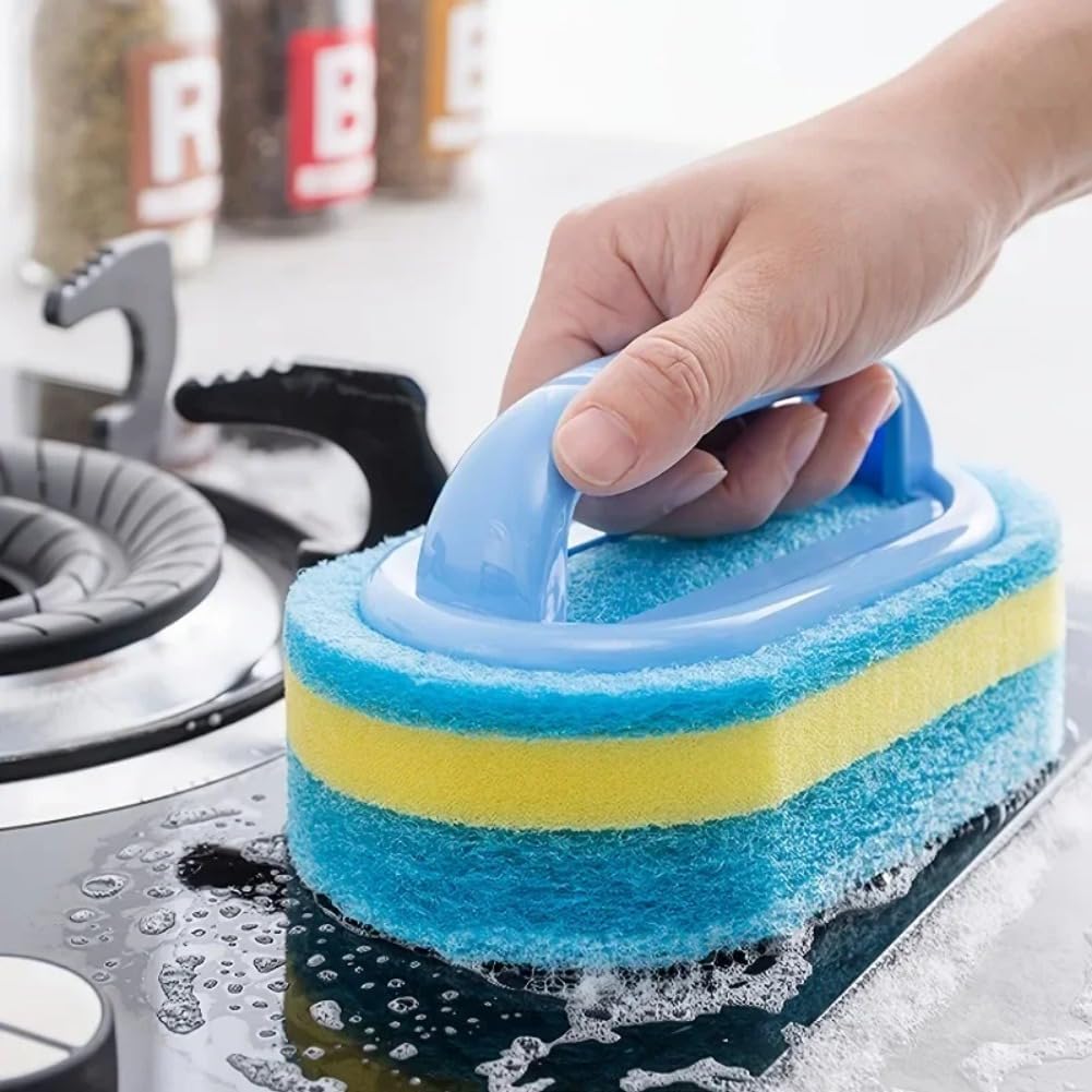 Multi-Purpose Cleaning Brush with Handle and Thickened Scrub Sponge