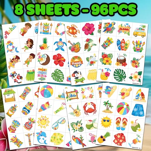 96 PCS Hawaiian Luau Temporary Tattoos for Kids