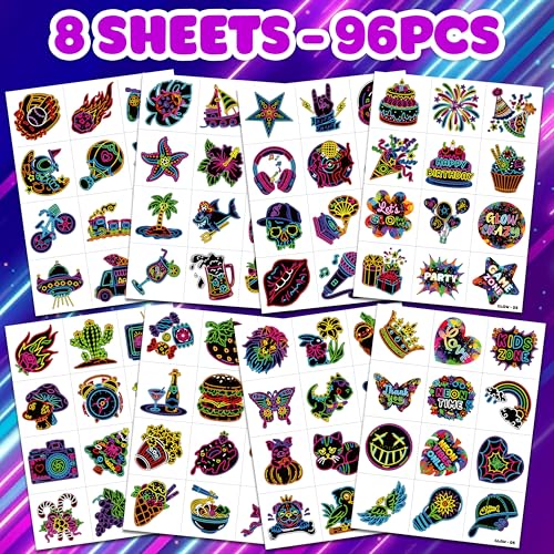 96 PCS Neon Glow In The Dark Temporary Tattoos for Kids