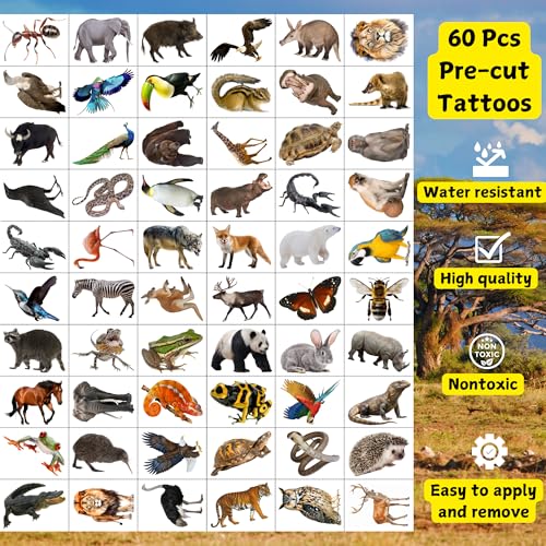 Realistic Jungle Animal Temporary Tattoos 60Pcs 4 Sheets
