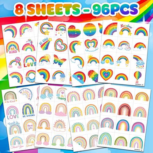 96 PCS Rainbow Pastel Temporary Tattoos for Kids