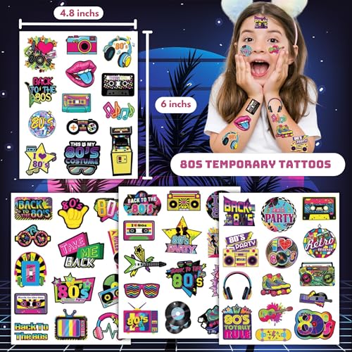 53 PCS 80s Temporary Tattoos Retro Party Decorations