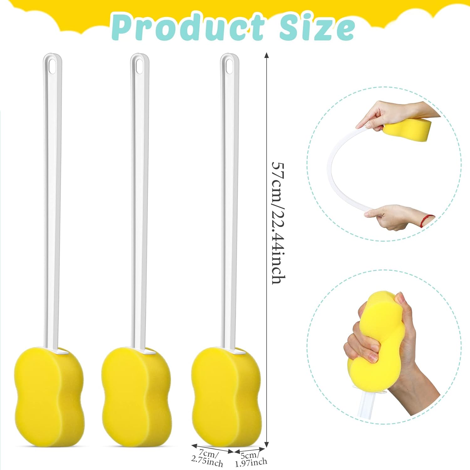 Yetene 3 Piece Long Handle Sponge Back Scrubber