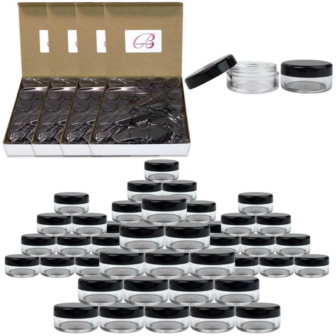 Beauticom 5g 5mL Round Clear Jars with Black Lids - 500pcs BPA Free