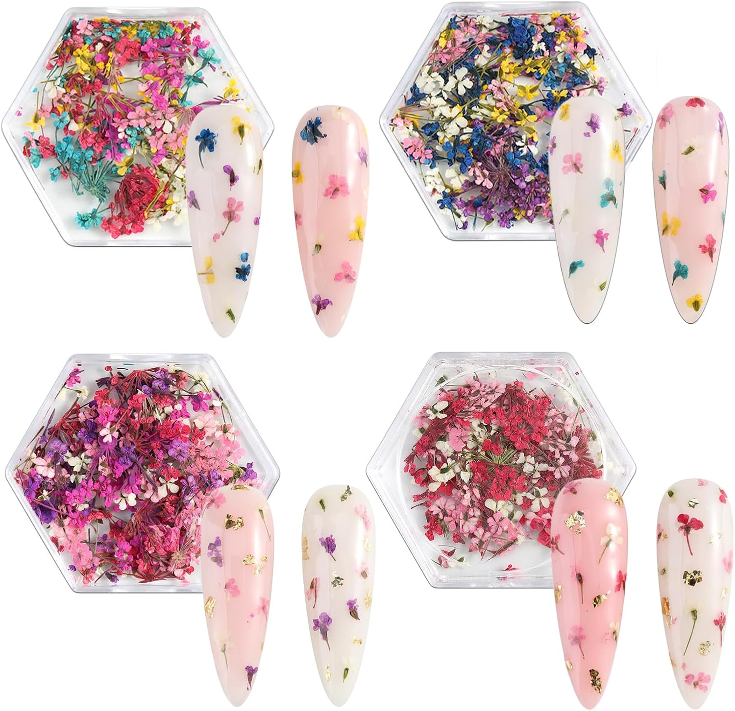 SILPECWEE 4 Boxes 3D Dried Flowers Nail Art Stickers