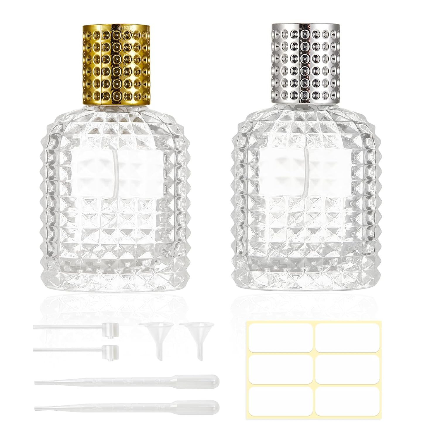 2 Pack 50ml Refillable Spray Perfume Bottles Clear Atomizer with Gold Silver Finish