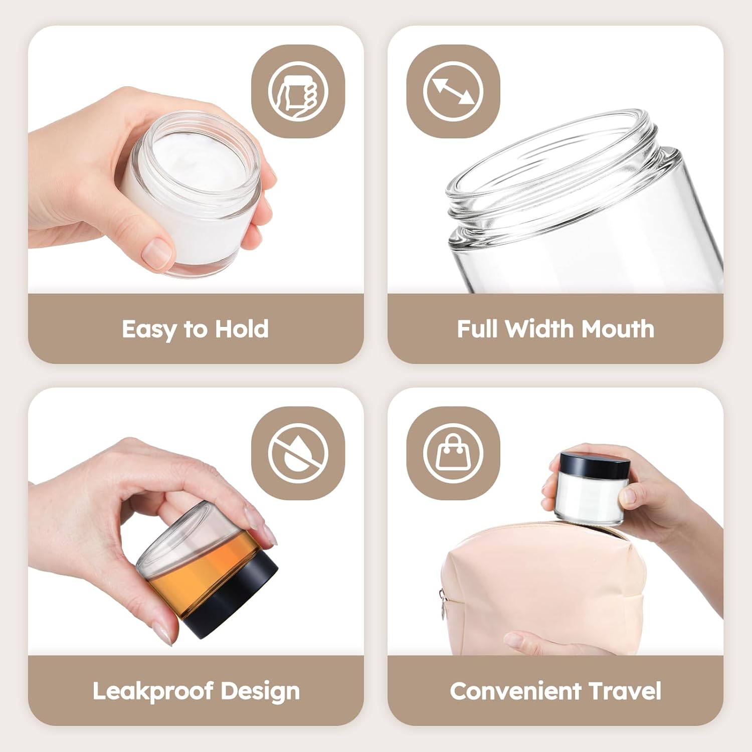 2 oz Glass Jars with Lids 6 Pack Clear Cosmetic Travel Containers