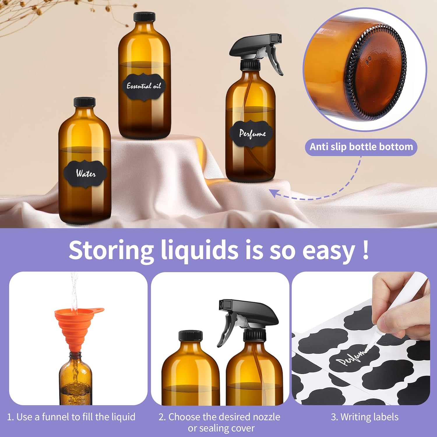 9 Pack Refillable Amber Glass Spray Bottles 16oz