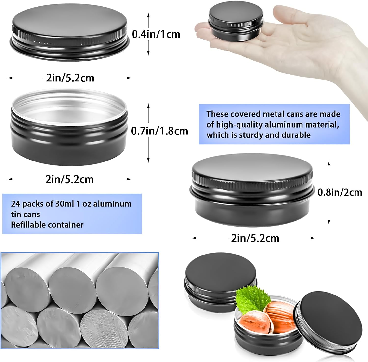 MotBach 24 Pack 1 Oz Metal Tin Jars with Screw Lid