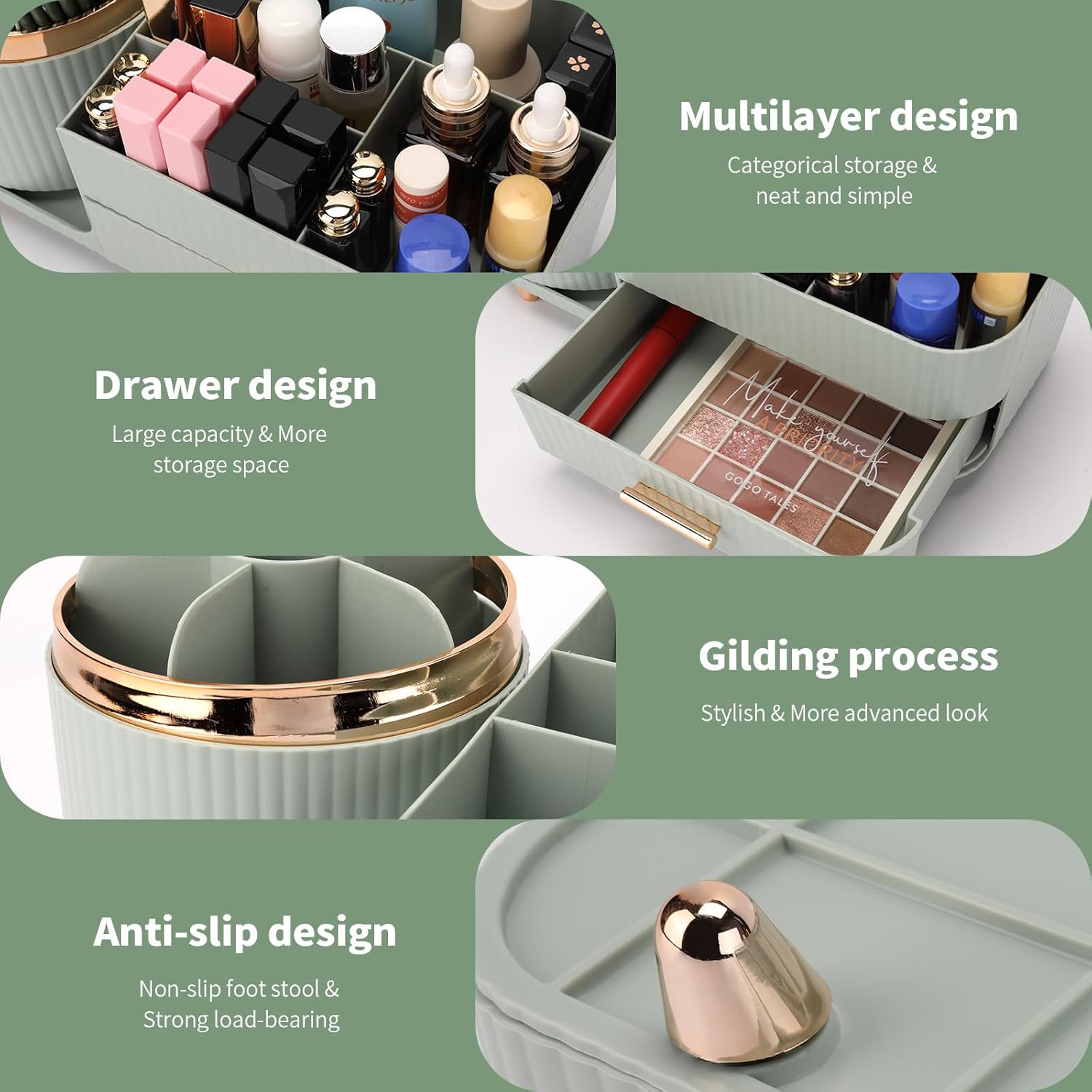Molutsody Makeup Organizer with Drawers Green