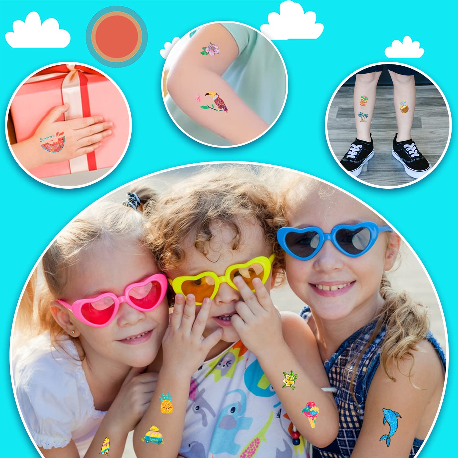 Partywind 28 Sheets Glitter Hawaiian Temporary Tattoos for Kids