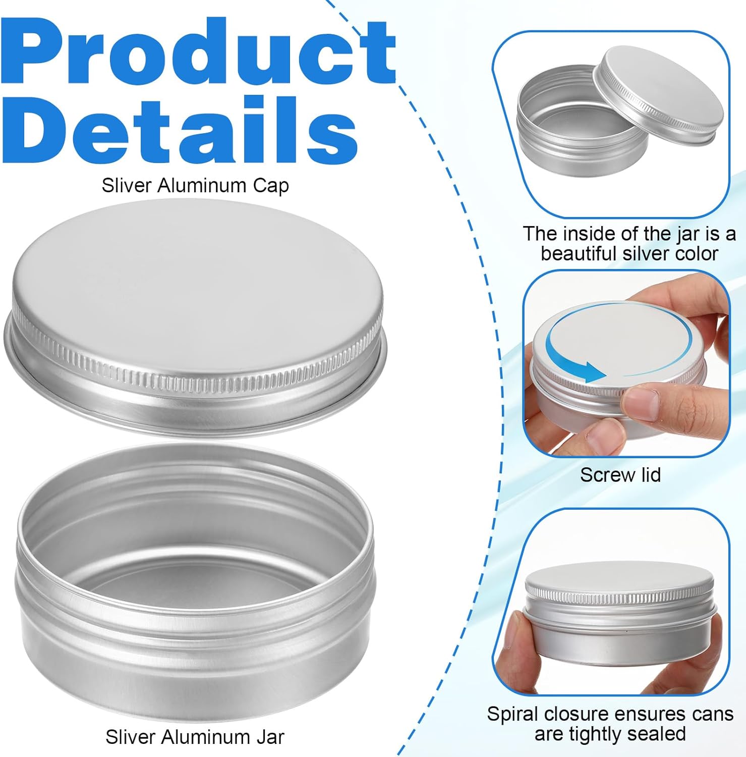 60 Pack Aluminum Tin Containers with Screw Lids 2 Oz
