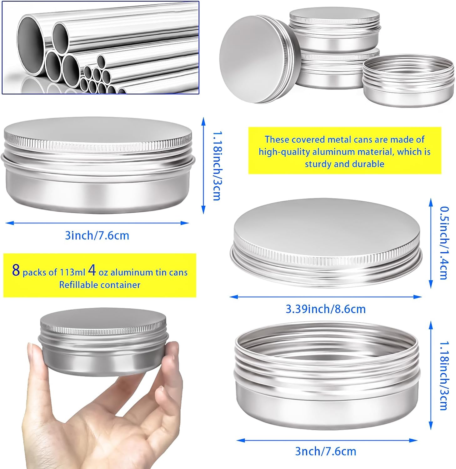 MotBach 8 Pack 4oz Metal Tin Jars with Screw Lid