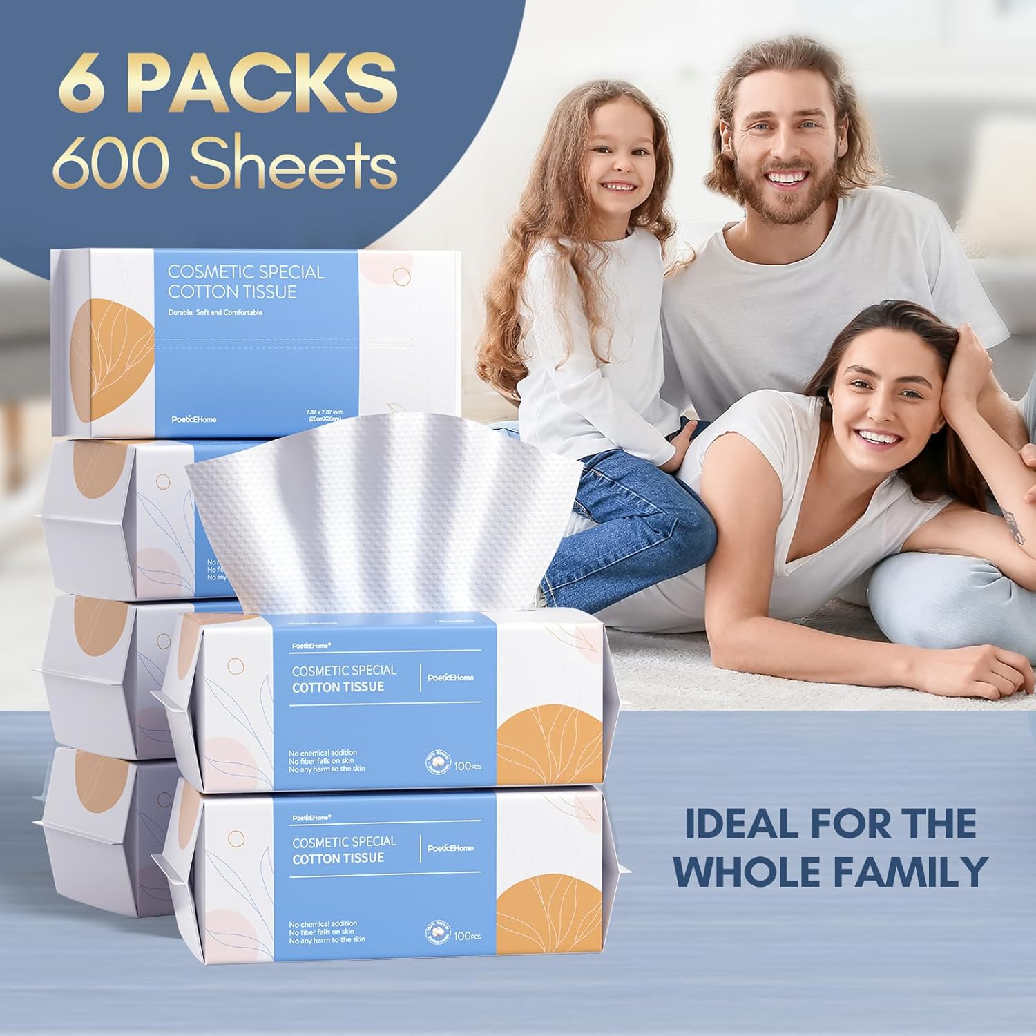 PoeticEHome Soft Dry Wipe 6 Pack 100 Cotton Face Tissues