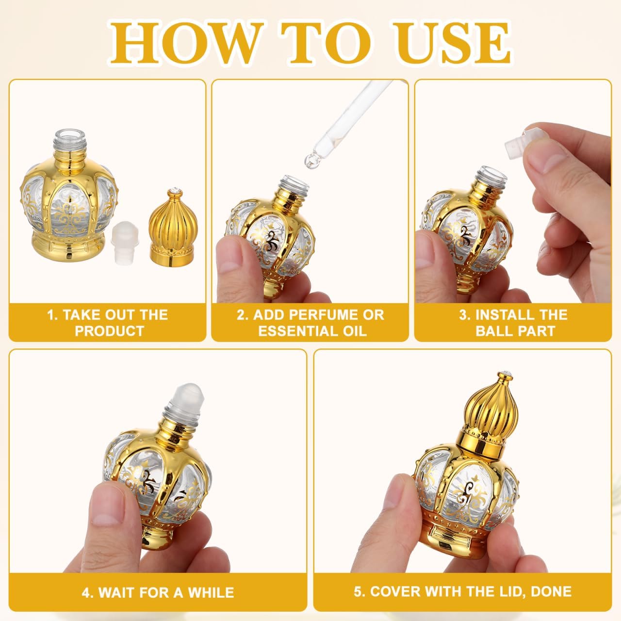 2pcs Mini Arabic Crystal Glass Roller Bottles 15ml Gold Refillable