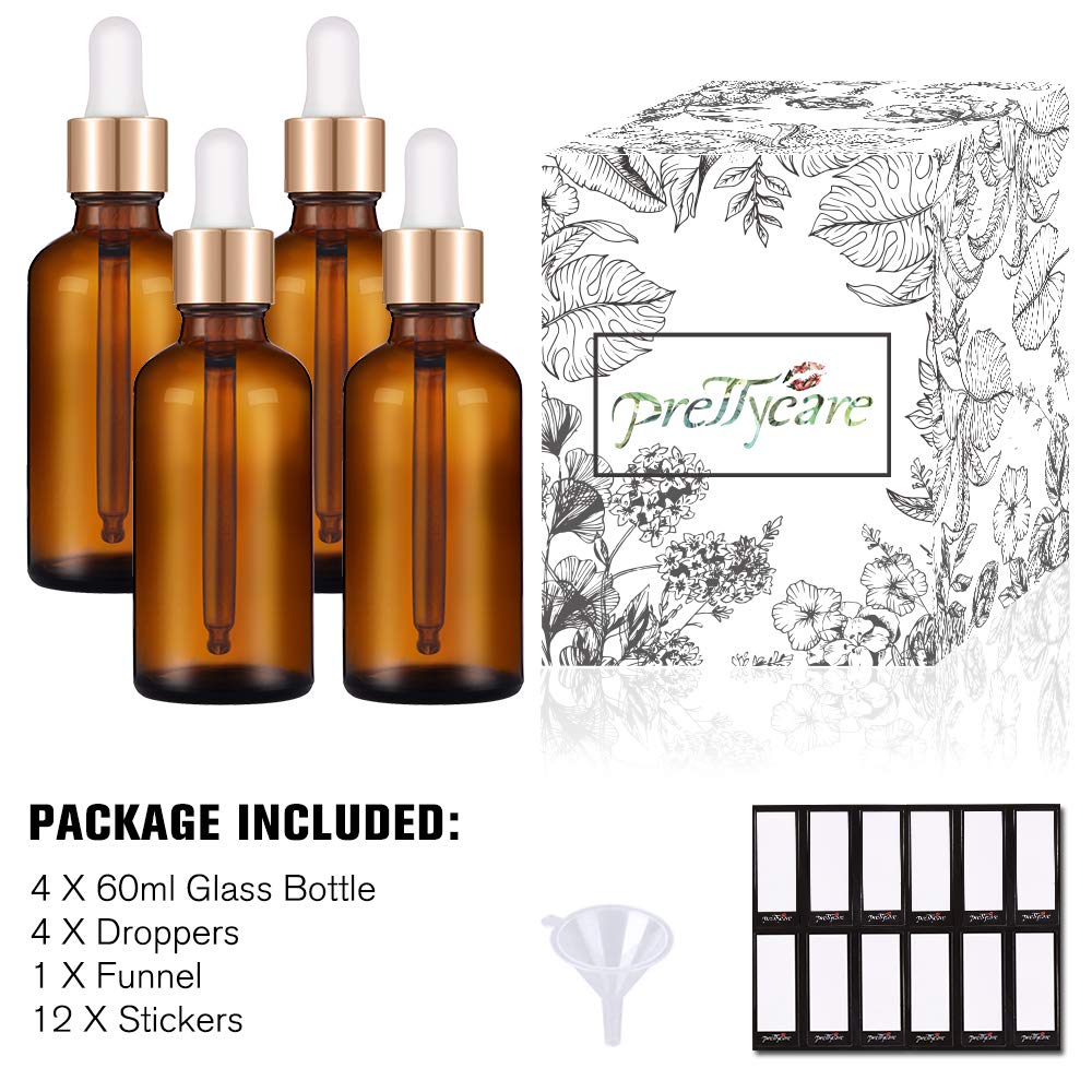 PrettyCare 2 oz Amber Glass Dropper Bottles 4 Pack