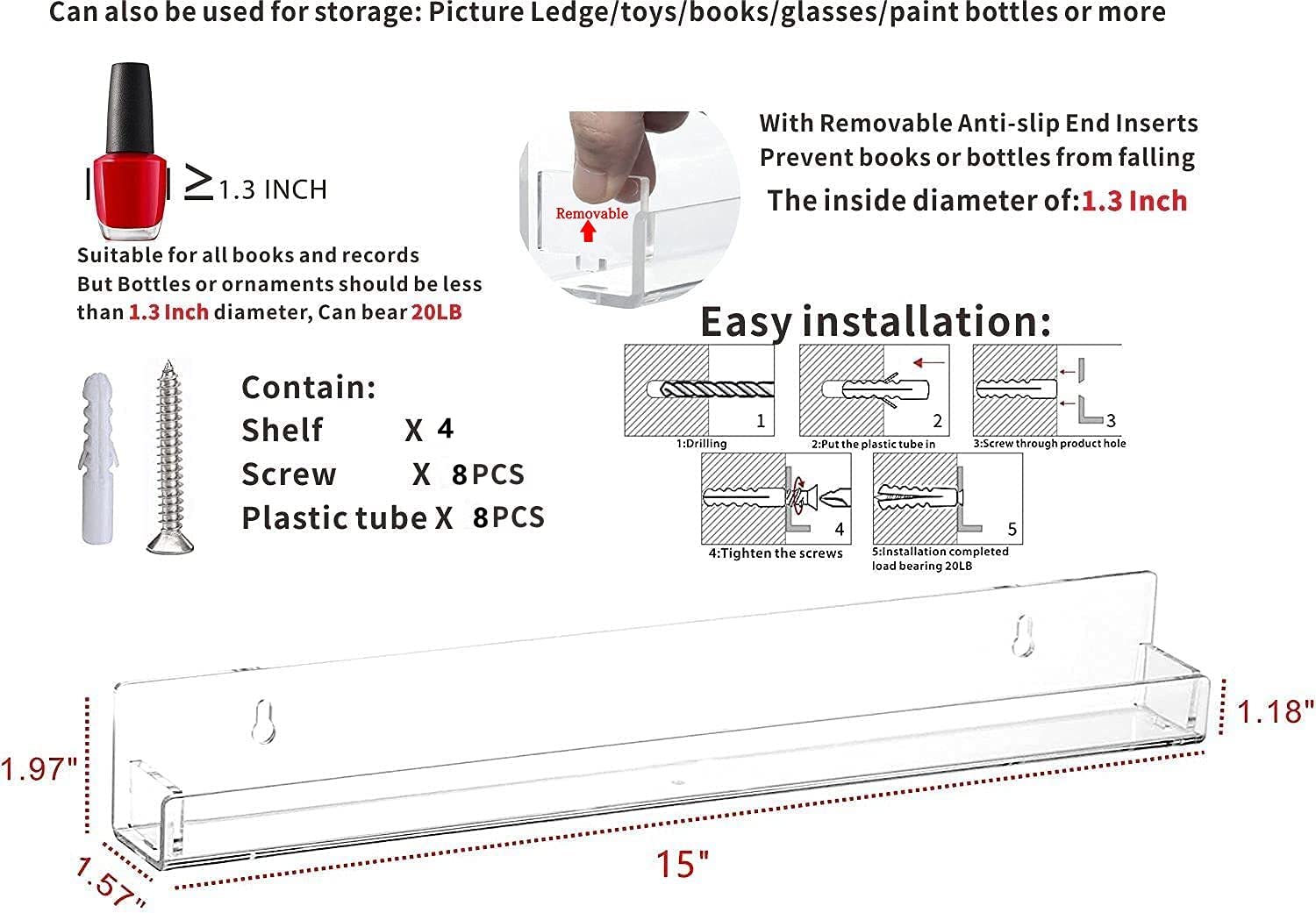 4 Pack Clear Acrylic Nail Polish Wall Shelves