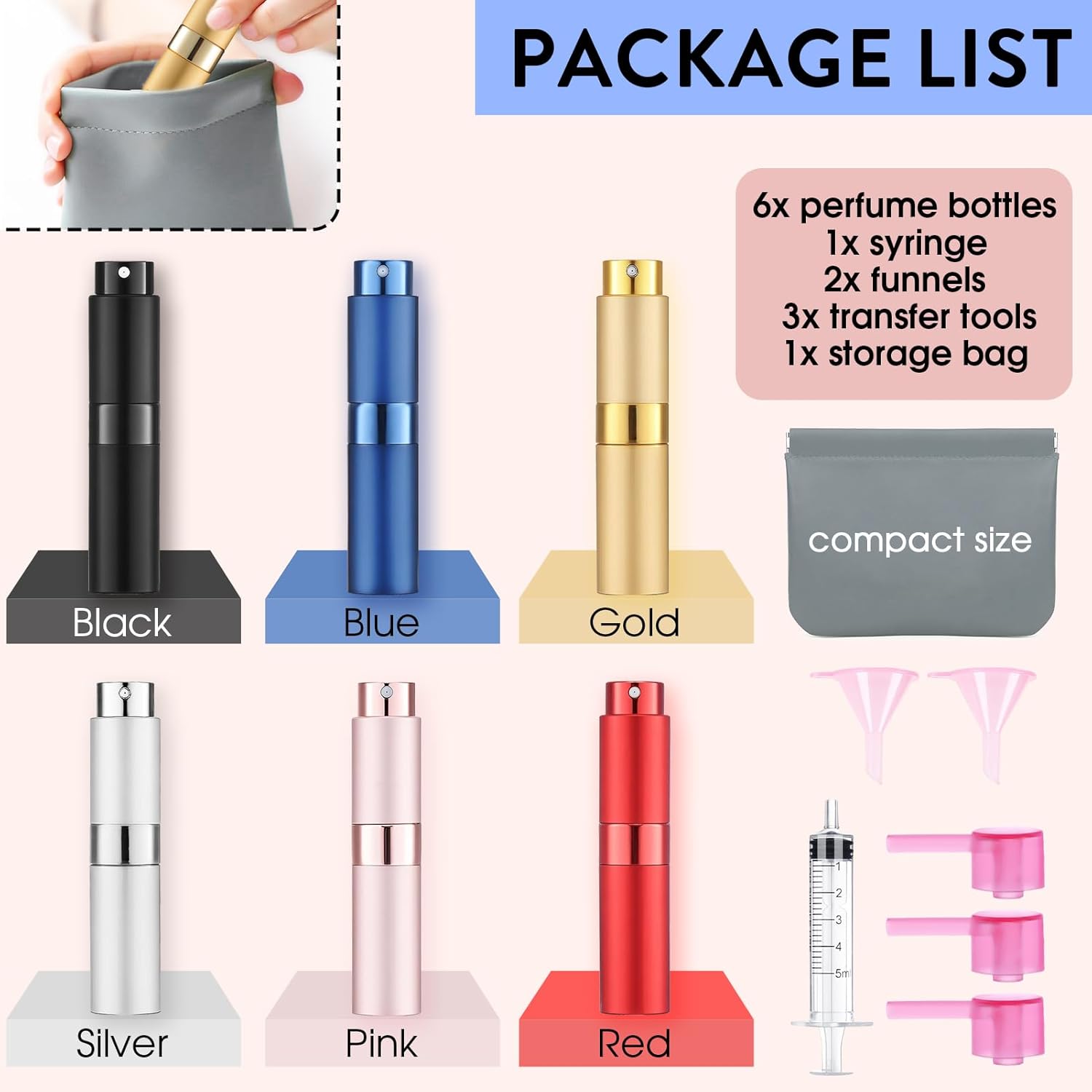6 Pack 8ML Empty Perfume Atomizer for Refill Portable Spray Bottle