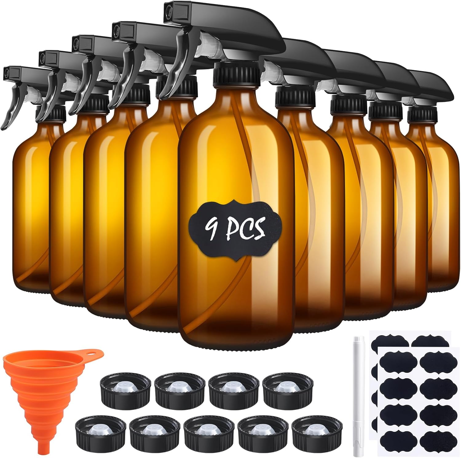 9 Pack Refillable Amber Glass Spray Bottles 16oz