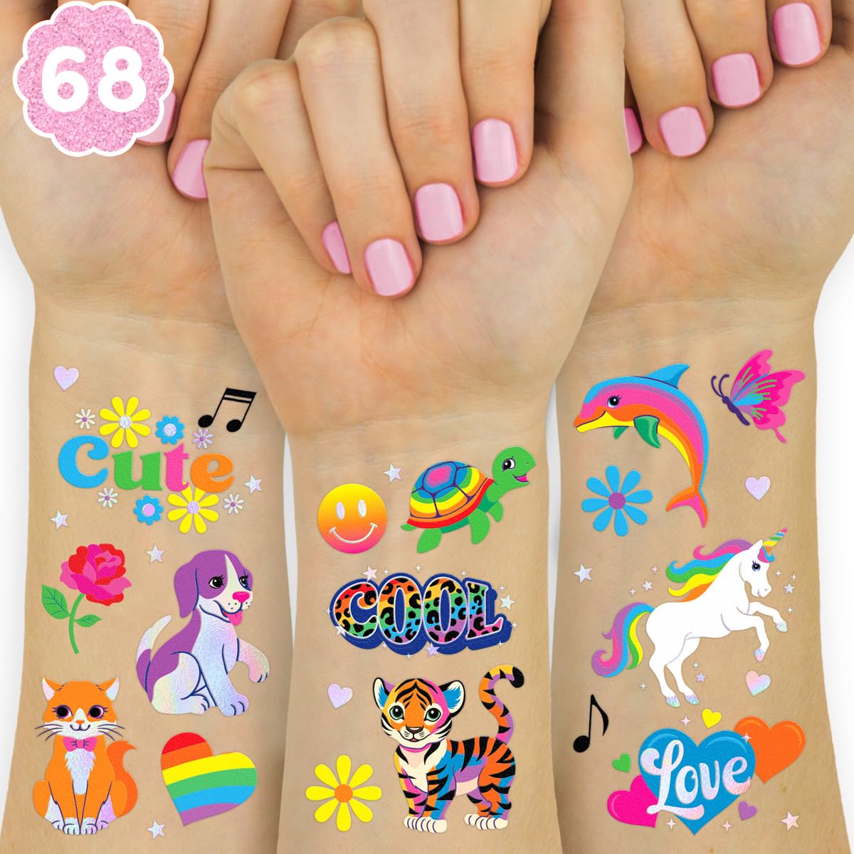 XO Fetti Cute Neon Rainbow Animal Temporary Tattoos - 68 Iridescent Foil Pcs