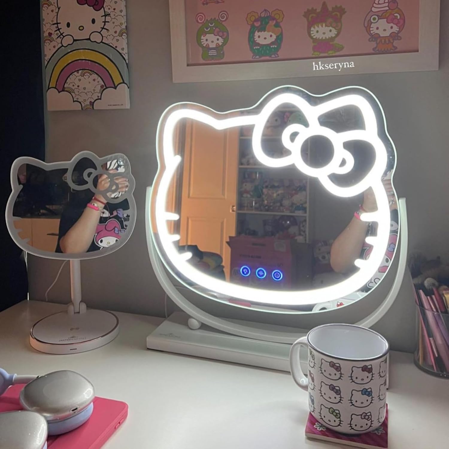 Hello Kitty Kawaii Desk Mirror with LED Lights and Touch Sensor