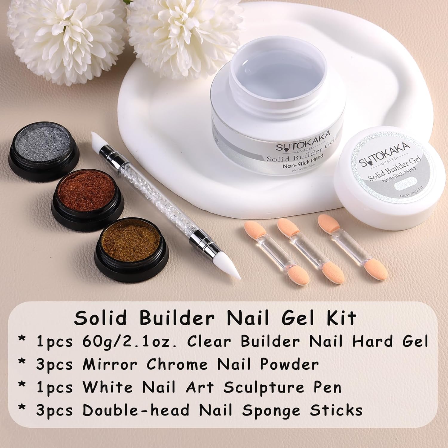 Solid Builder Gel for Nails with Chrome Powder and Sculpting Pen