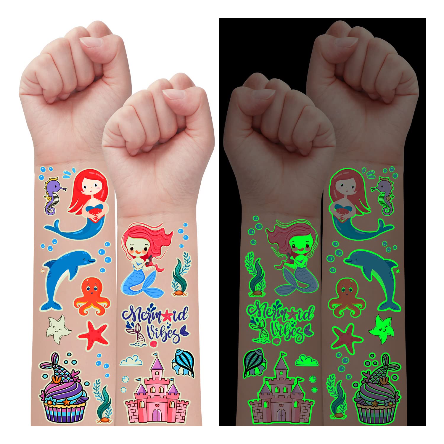 Partywind Luminous Mermaid Temporary Tattoos for Kids