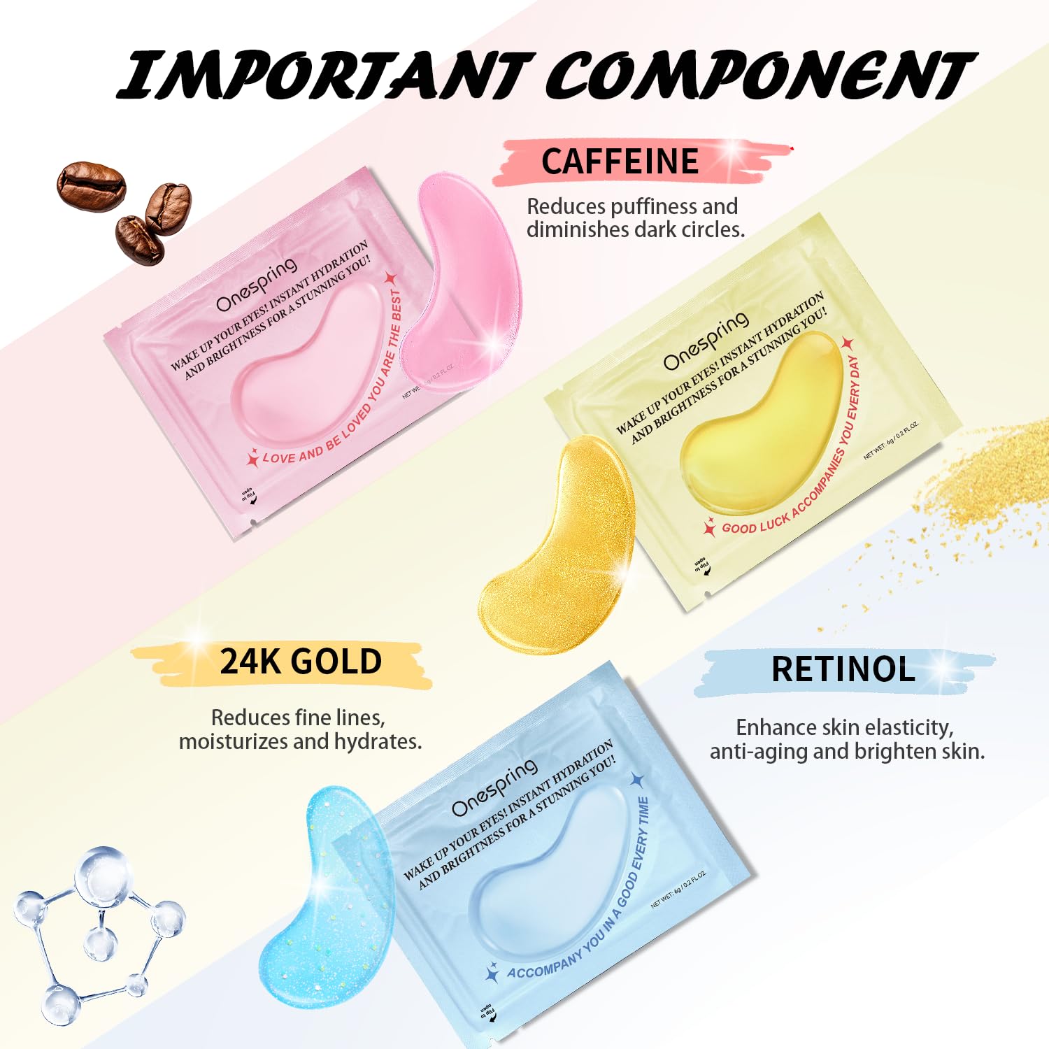 Eye Masks 24 Pairs - Caffeine 24K Gold and Retinol Under Eye Patches
