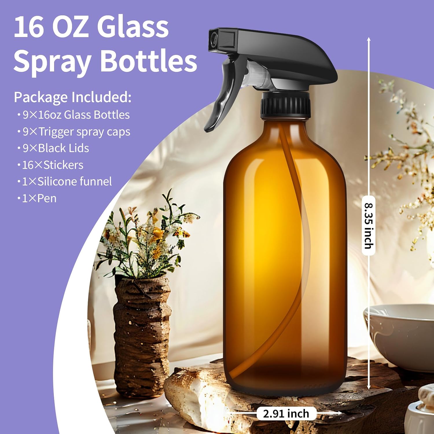 9 Pack Refillable Amber Glass Spray Bottles 16oz
