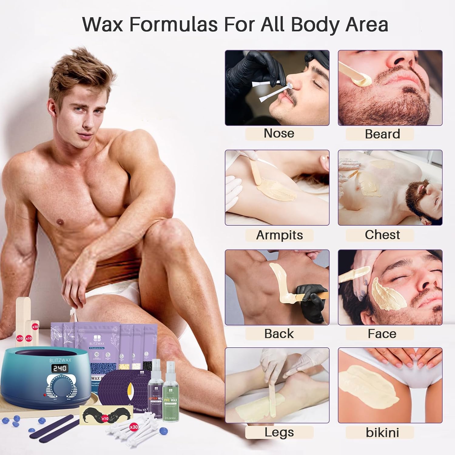 BLITZWAX Back and Nose Waxing Kit for Men with 93 Accessories