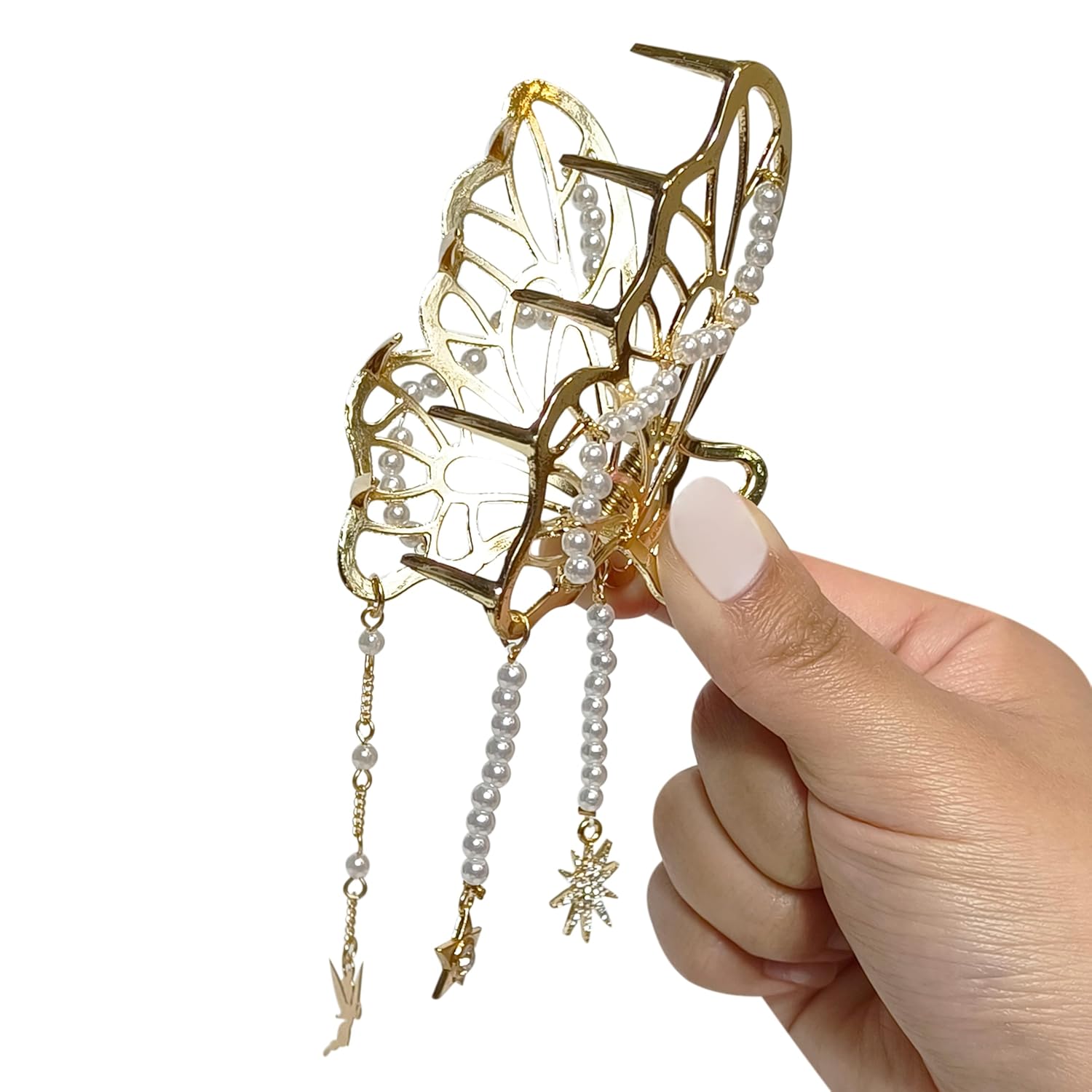 LUV HER Butterfly Hair Claw Clip - Gold with Pearls Charms