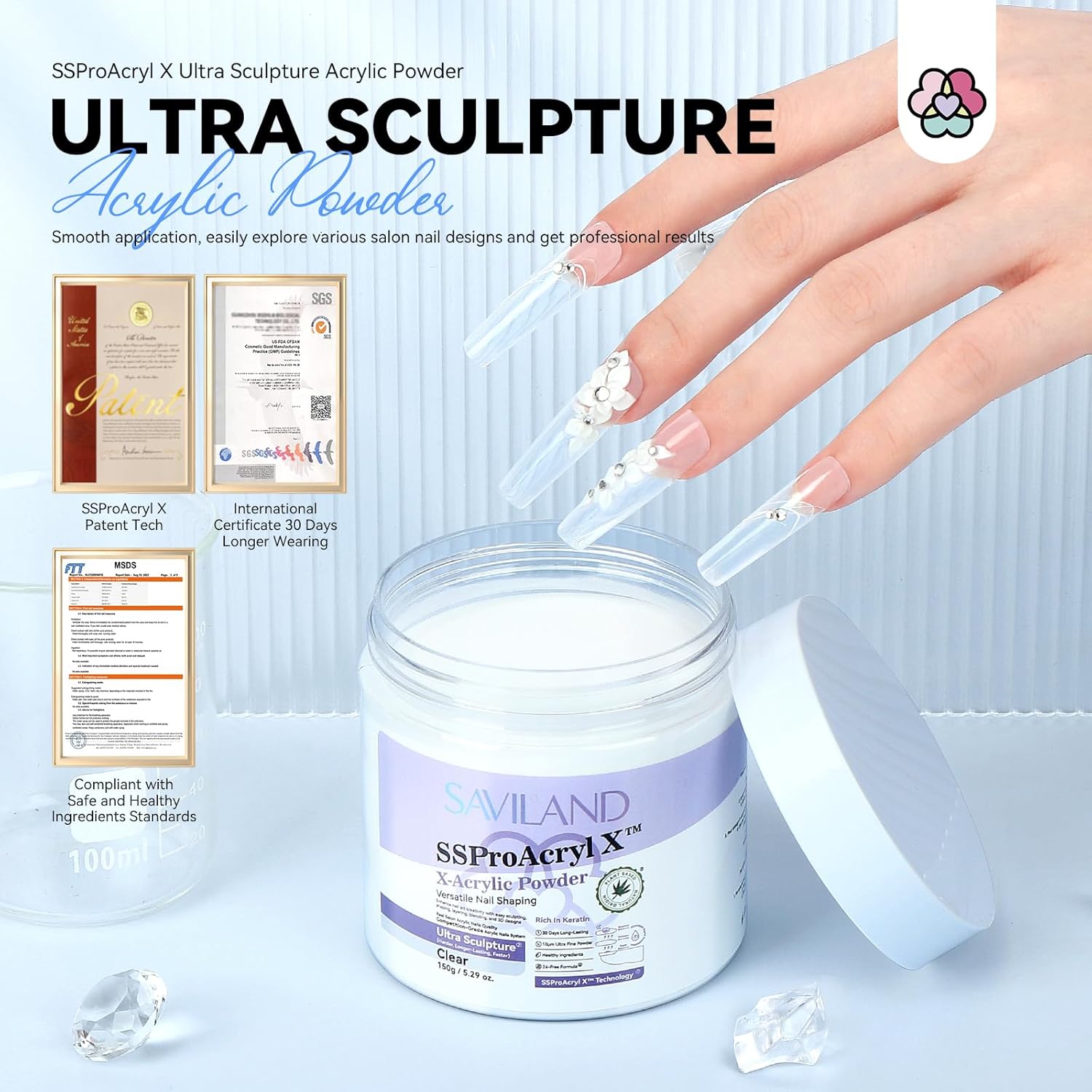 SAVILAND 529oz Ultra Smooth Clear Acrylic Powder for Nail Extensions and Sculpting