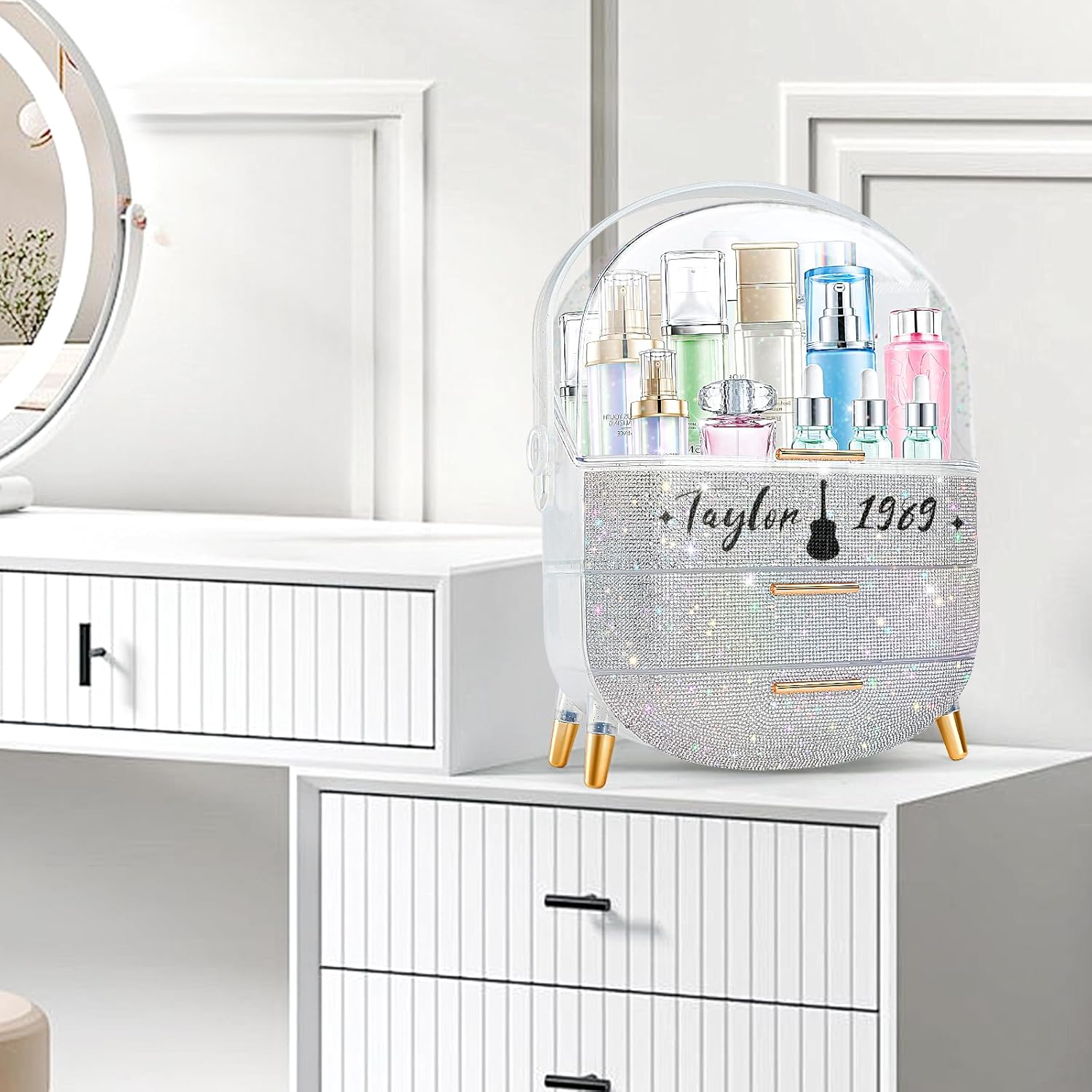 Teen Girls Makeup Organizer with Clear Compartment and Drawers