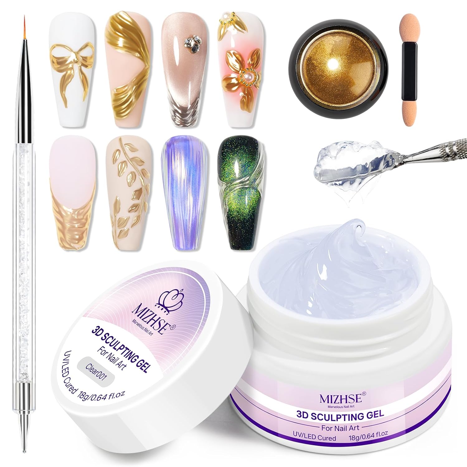 MIZHSE 3D Nail Gel Set with Chrome Powder for Nail Art