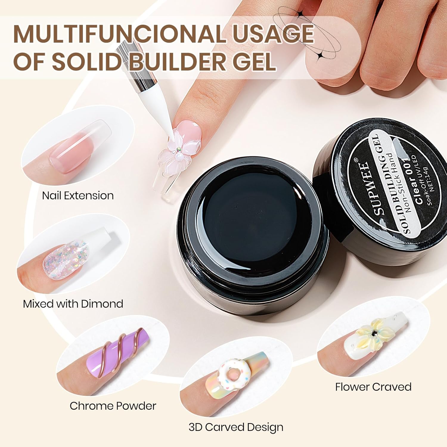 SUPWEE 3D Nail Gel Art 2PCS Clear Builder Gel for Nails