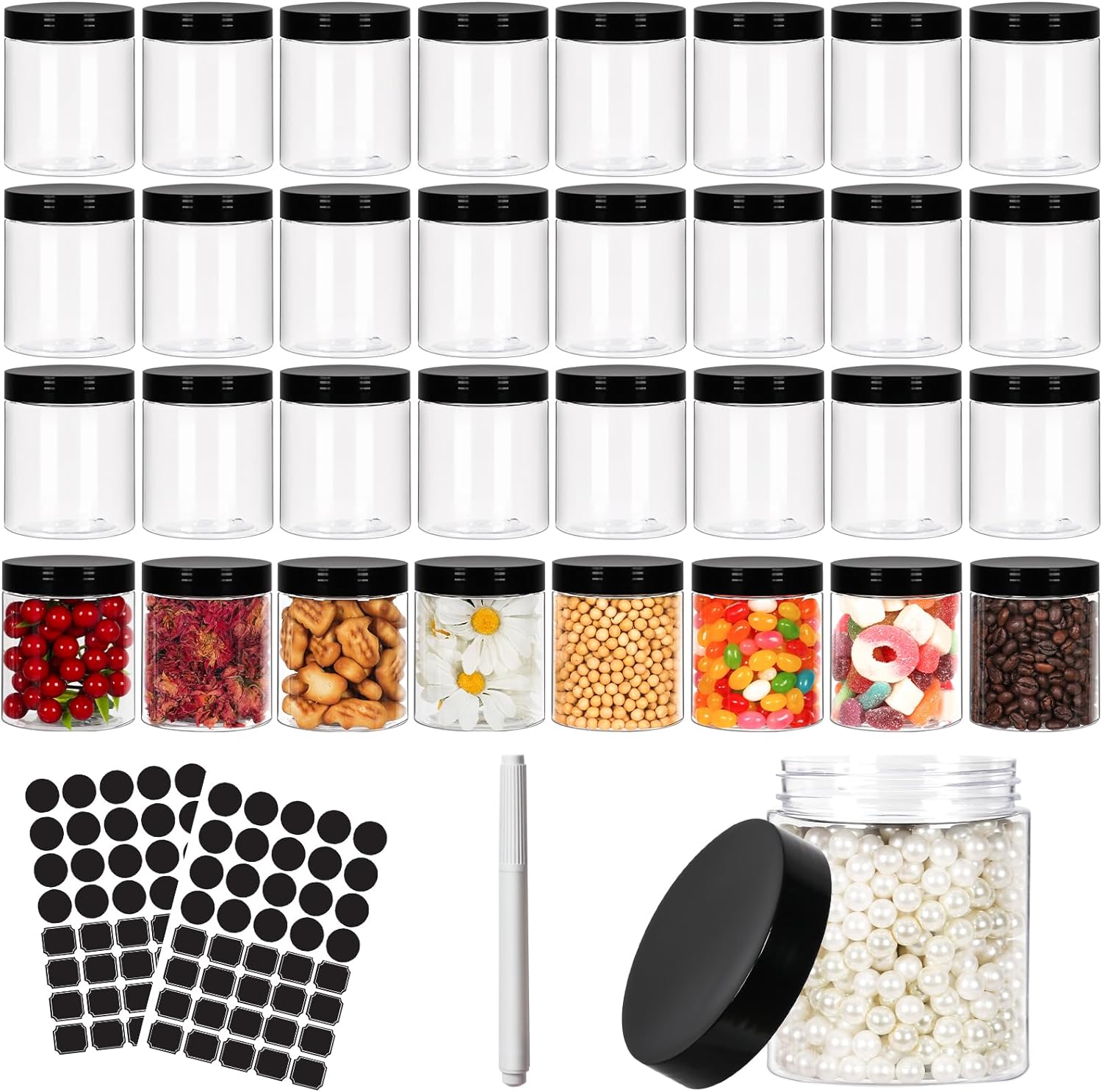 8 oz Clear Plastic Round Jars with Black Lids 40pcs