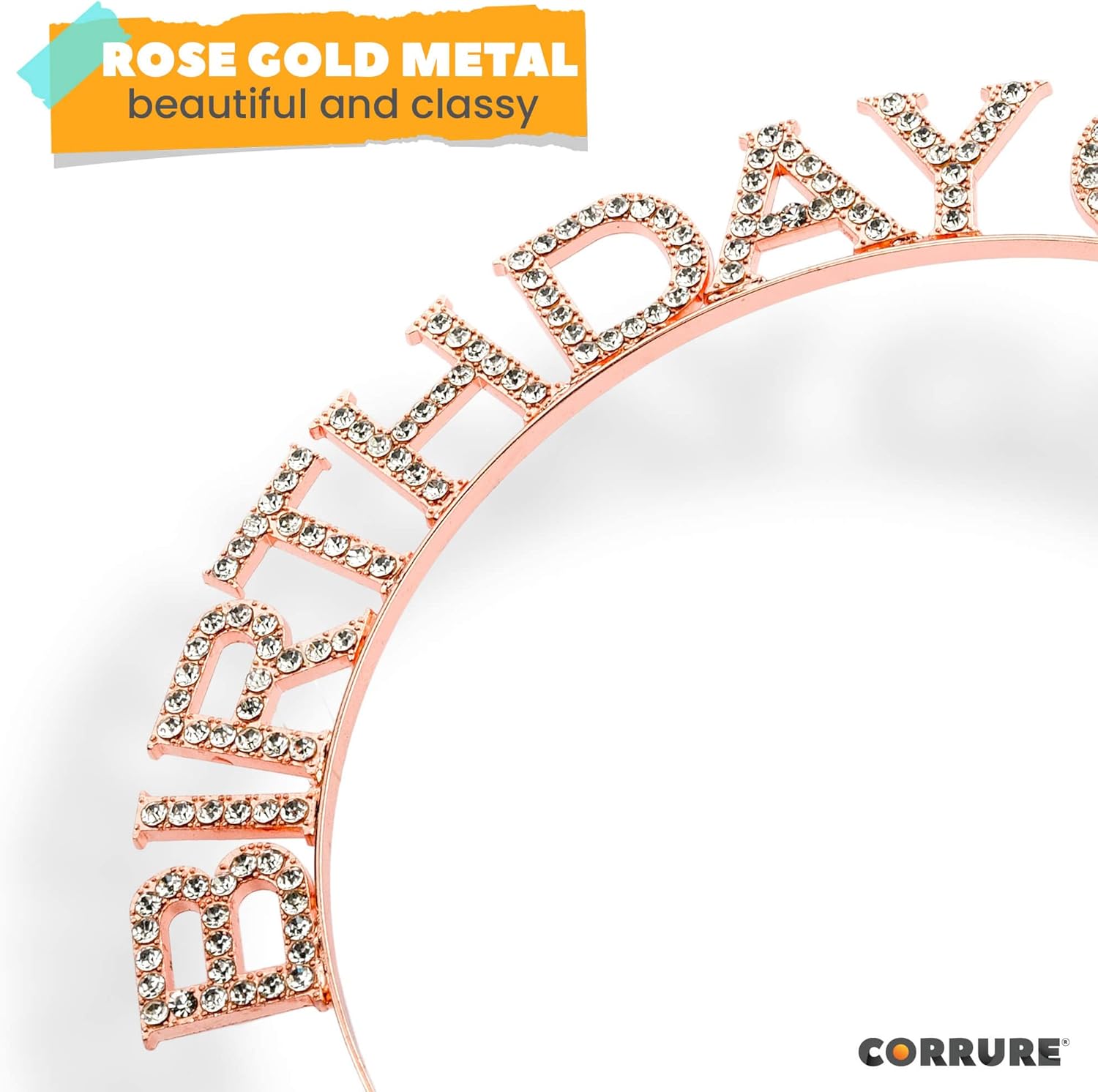 CORRURE Rose Gold Rhinestone Headband Tiara for Birthday Celebrations