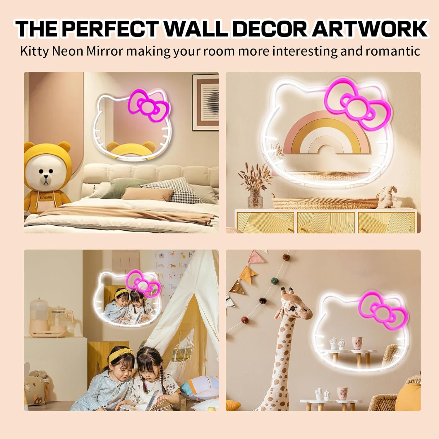 Neon Cat Wall Mirror with Lights and USB Power