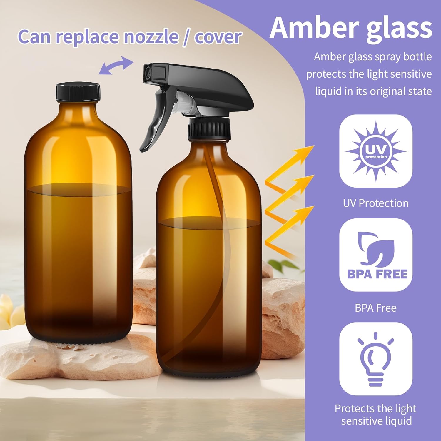 9 Pack Refillable Amber Glass Spray Bottles 16oz