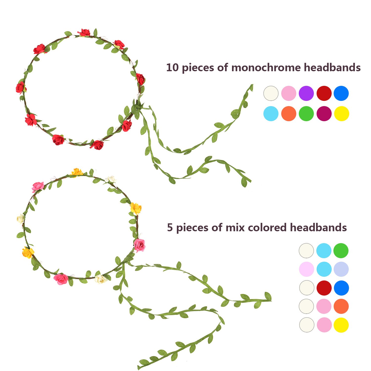 EBOOT 15-Piece Multicolor Flower Crown Headband Set