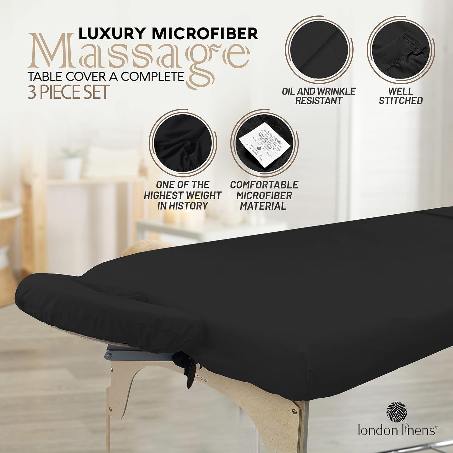 LONDON LINENS Pack of 2 Massage Table Sheets 3 Piece Set - Black
