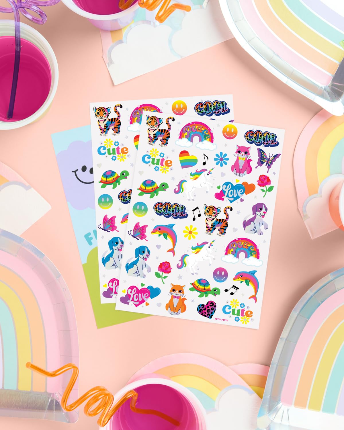 XO Fetti Cute Neon Rainbow Animal Temporary Tattoos - 68 Iridescent Foil Pcs