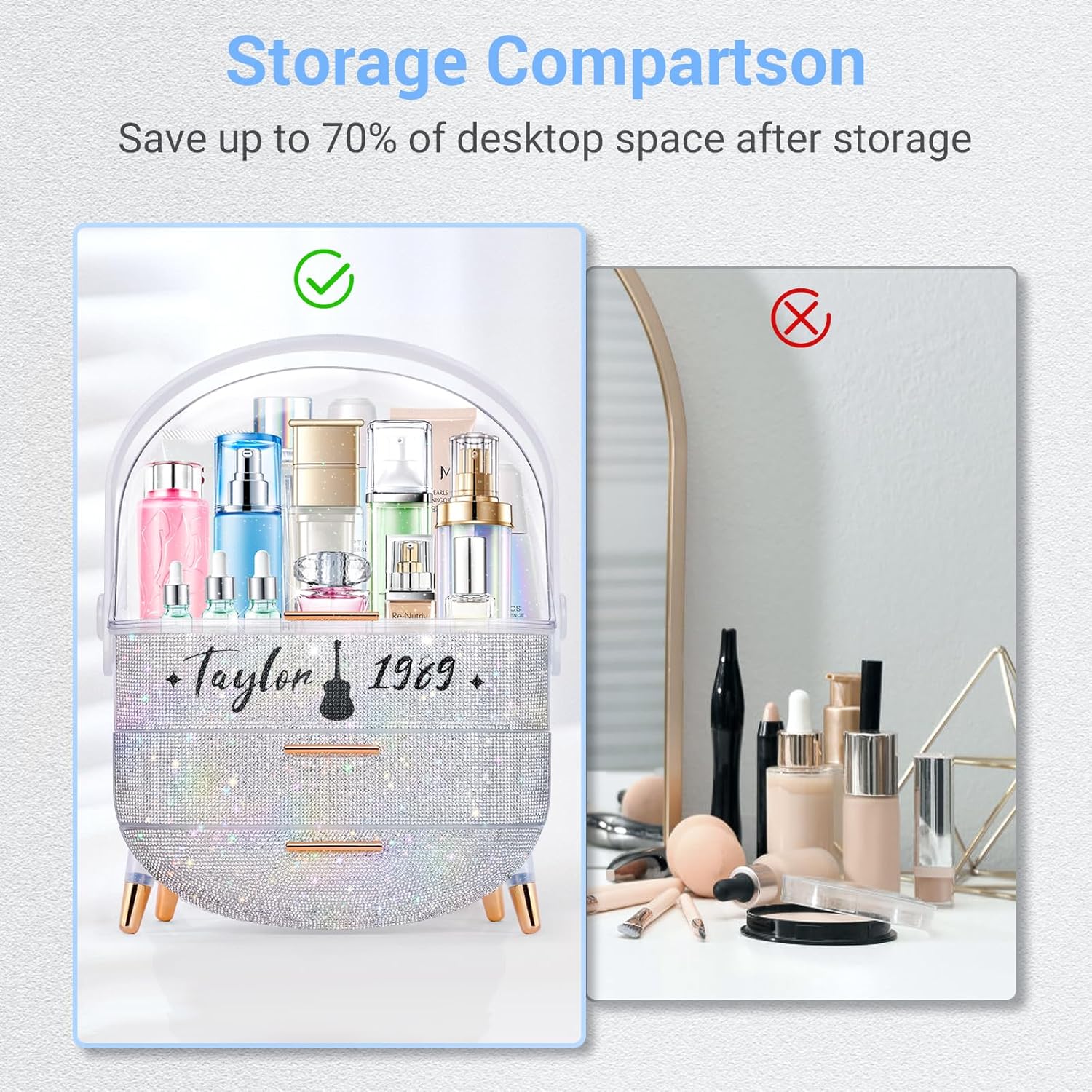 Teen Girls Makeup Organizer with Clear Compartment and Drawers