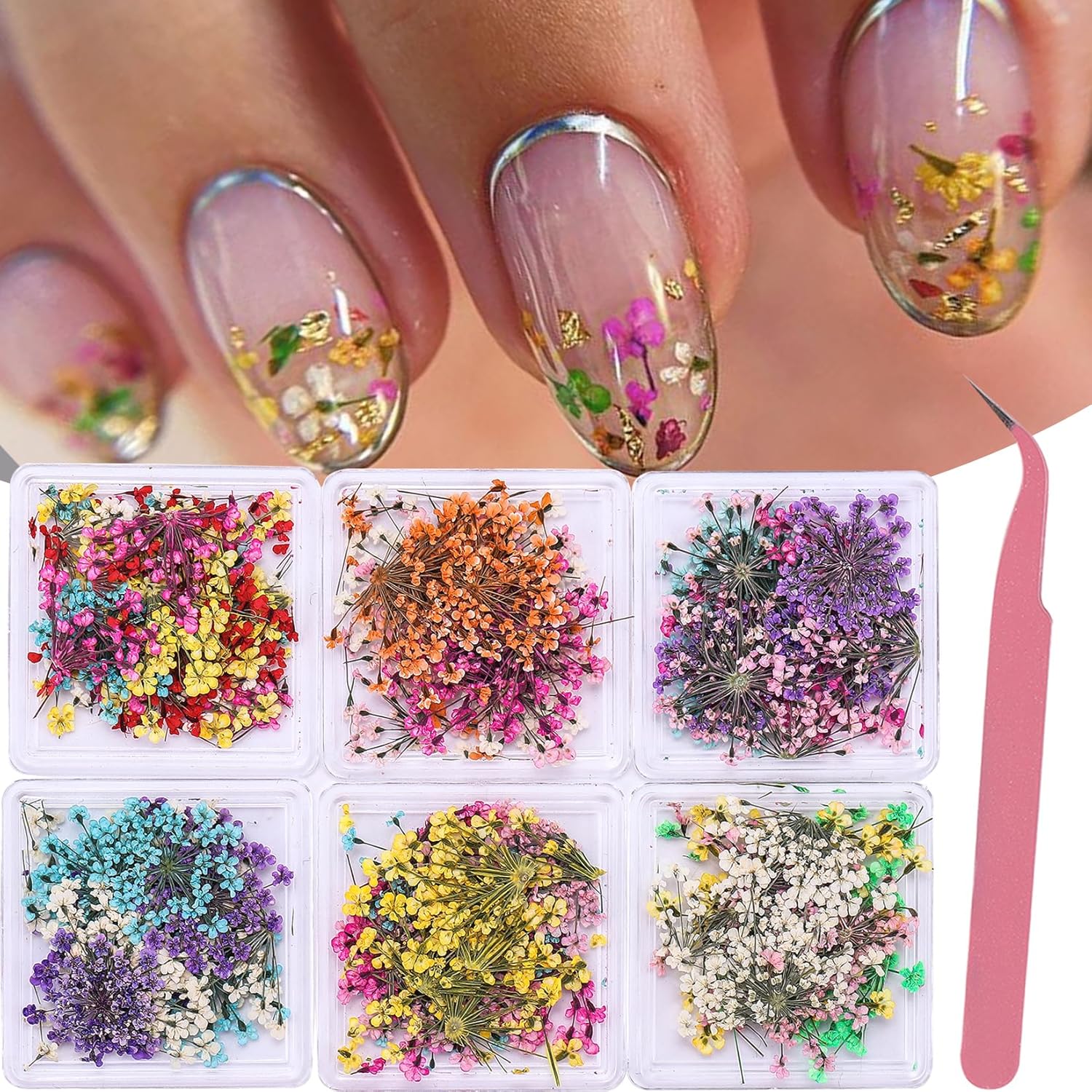 Dried Flowers Nail Art Stickers 6 Boxes with Tweezers