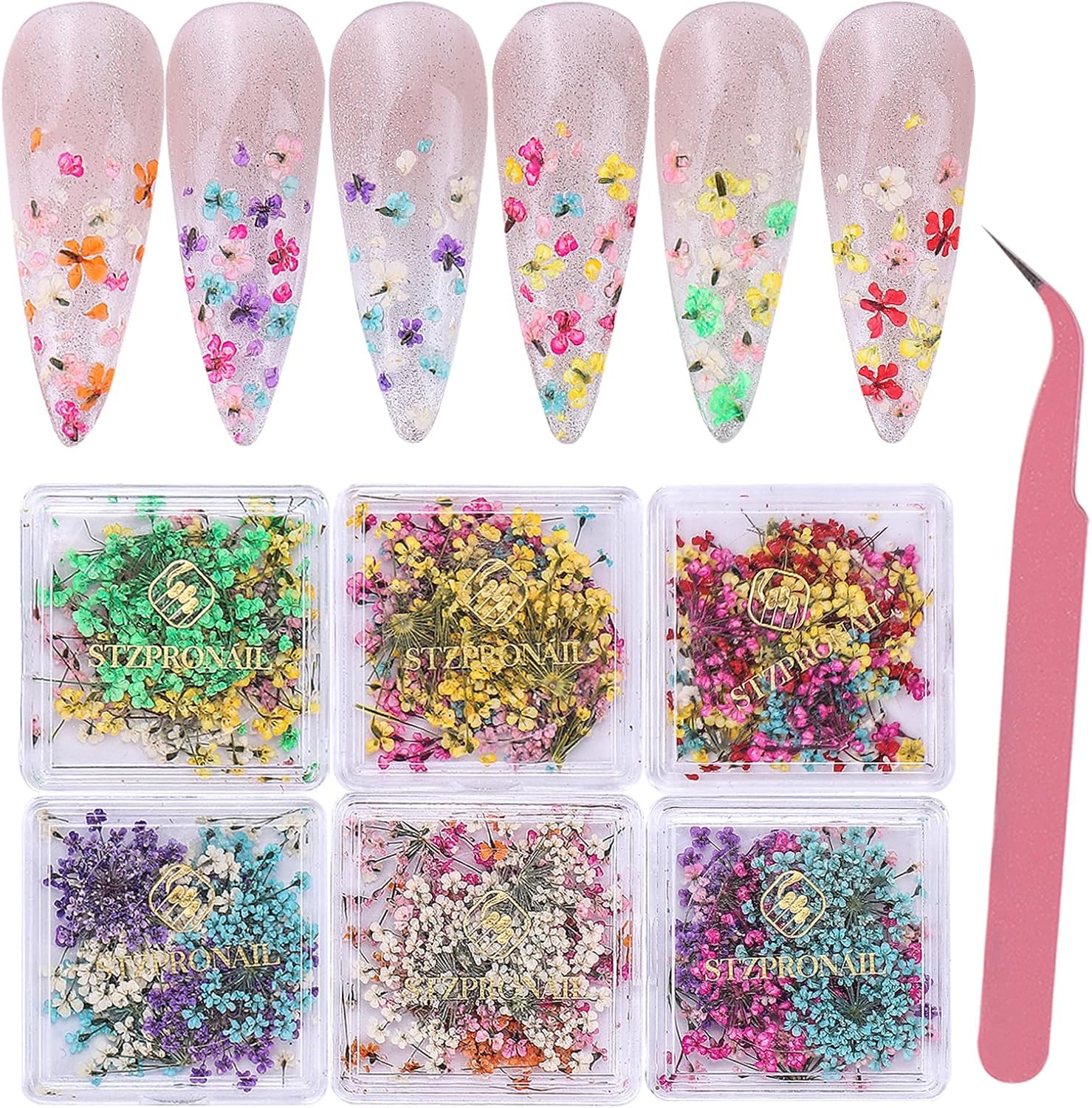 Dried Flowers Nail Art Stickers 6 Boxes with Tweezers