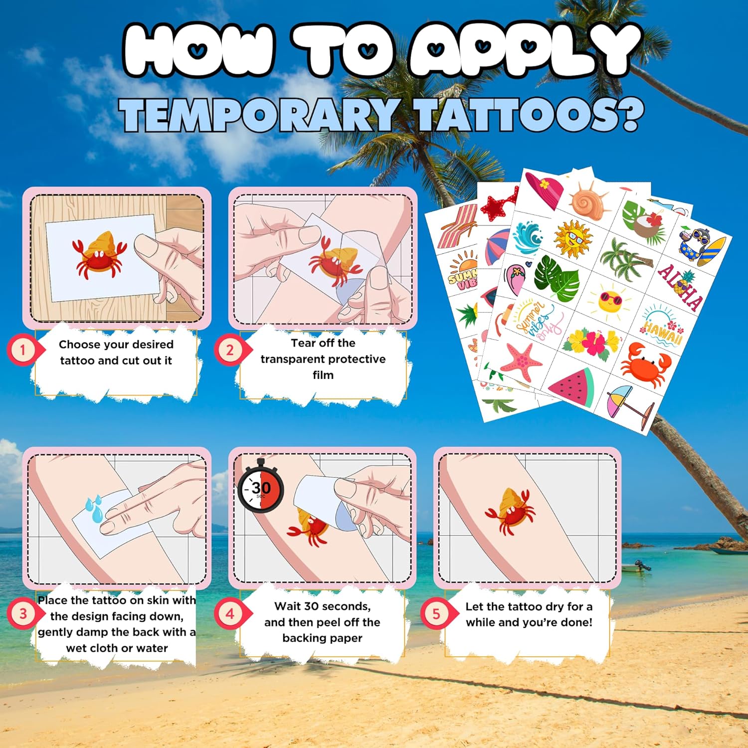 Summer Temporary Tattoos - 60Pcs Pack
