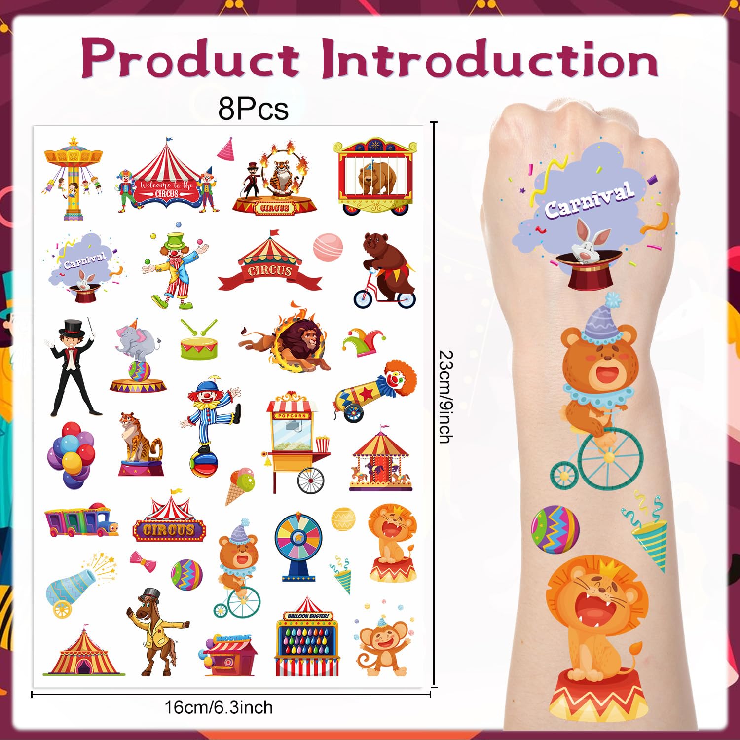 Carnival Circus Temporary Tattoos with 200 Sticker Designs